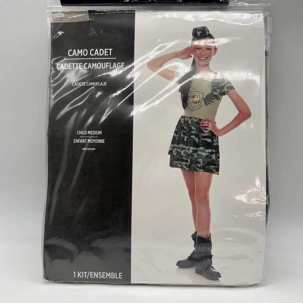 NEW Camo Cadet Costume Girls Child Medium 6-8 Dress Hat‎ Headband Halloween